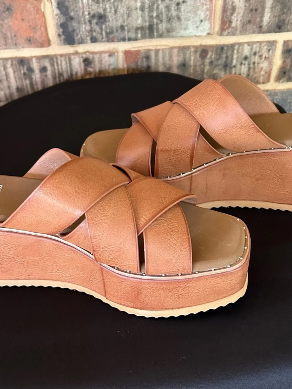 Yellow Box Women's Tan Crisscross Slide Sandals with Stud Trim - Picture 3 of 7